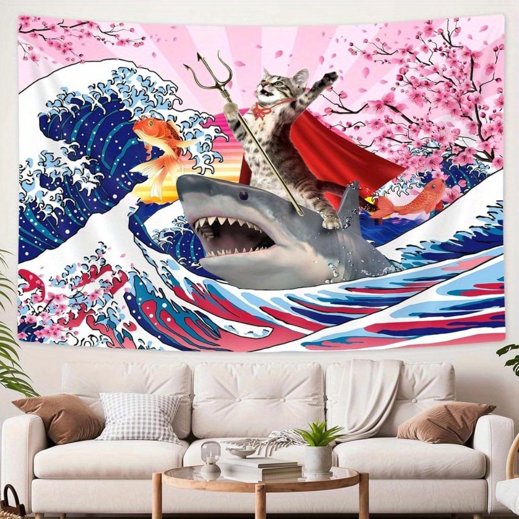 SAOLUIS Funny Cat Riding Shark Tapestry Japanese Neko Ocean Wave Wall Hanging Cute Kitten Shark for Bedroom Living Room Dorm Chr