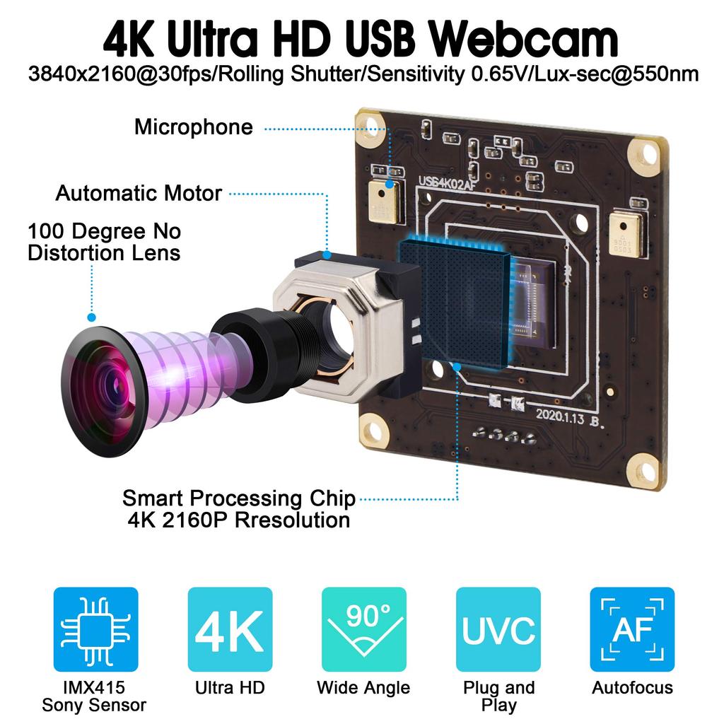 Модуль USB-камеры 4K ELP с автофокусом, широкоугольным объективом без искажений и двойным микрофоном, USB-камера для ПК, ноутбука, USB-разъем для камеры