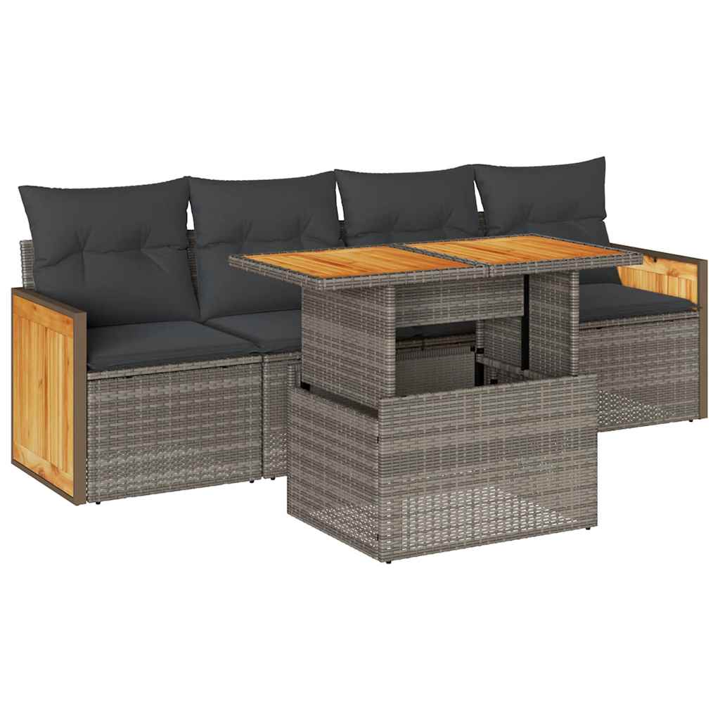 5 Piece Garden Sofa Set with Cushions Grey Poly Rattan & Acacia