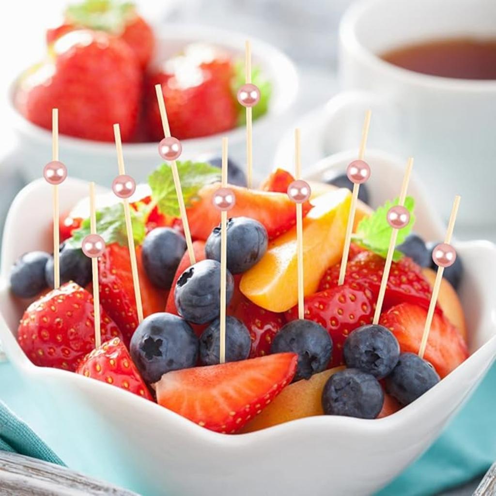 100 Counts Cocktail Picks, Fancy Toothpicks for Appetizers, Pearl Wooden Sticks for Party Supplies, Valentine's Day Food Picks for Party