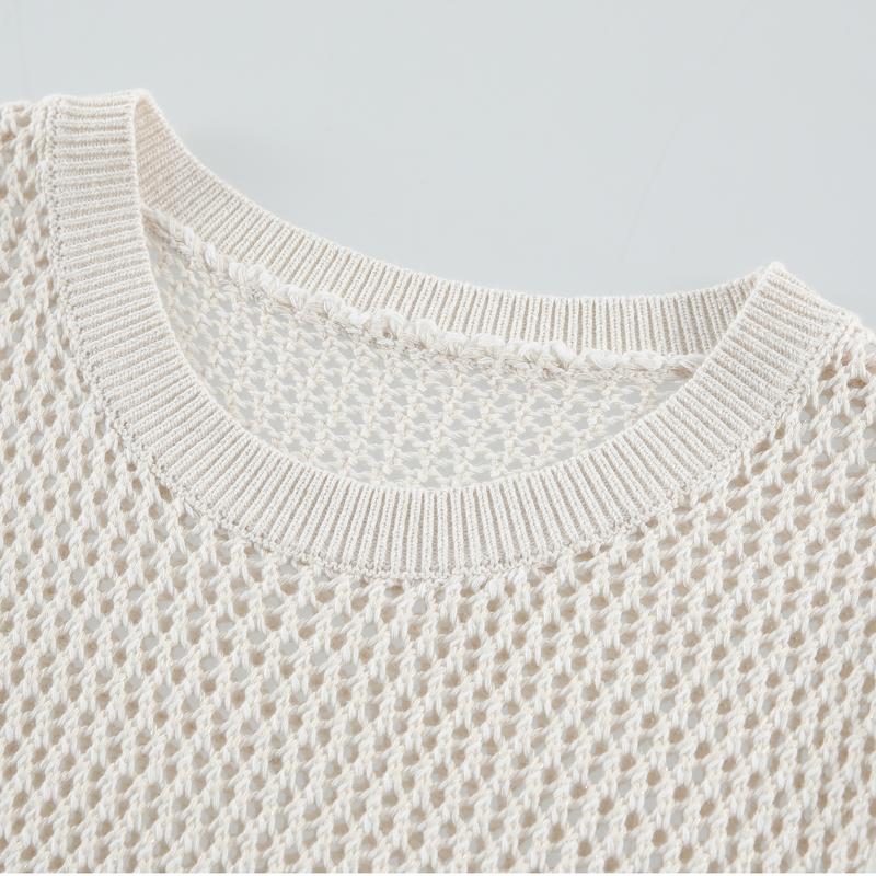 Velwin Summer New Hollow Bubble Sleeve Temperament Top Knitted Shirt for Women