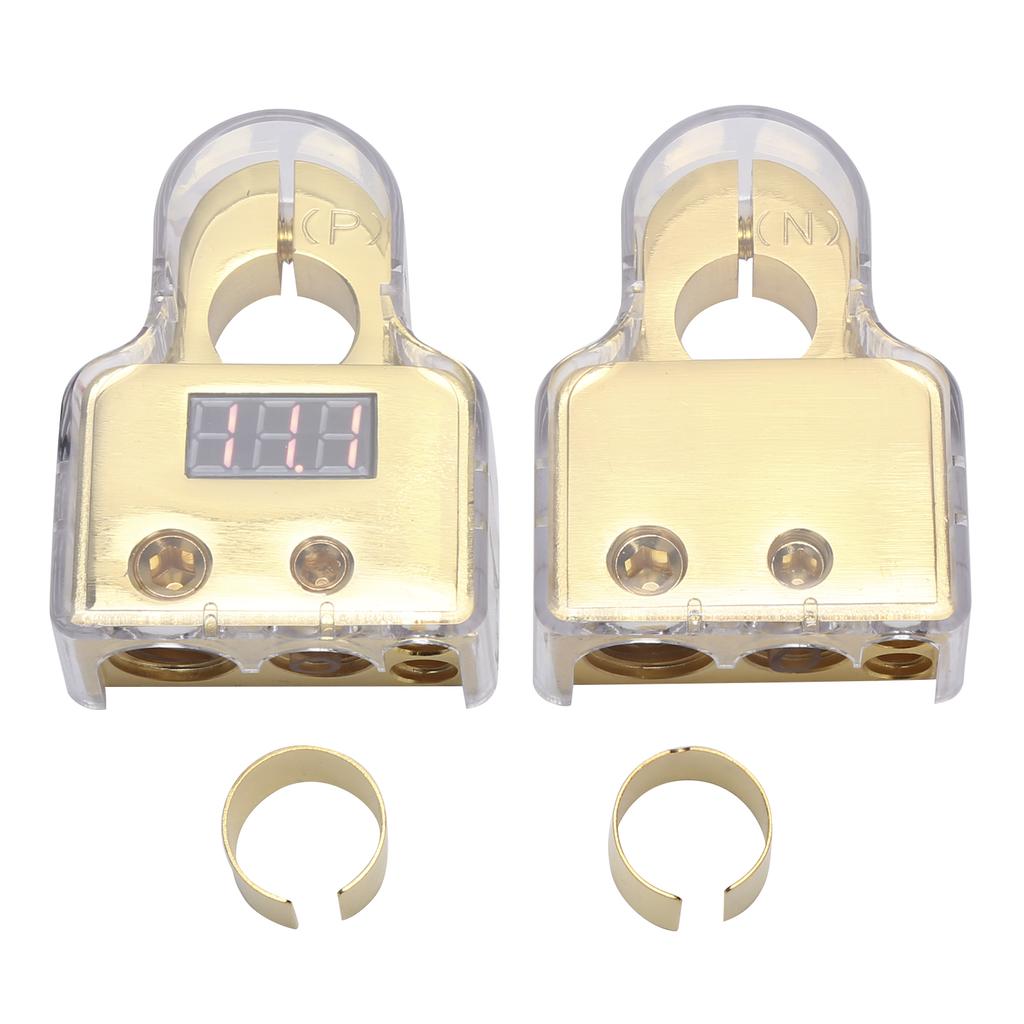 Car Battery Terminal Connectors Kit with Digital Voltmeter Display Stardand 0 4 8 10 AWG GaugeGold