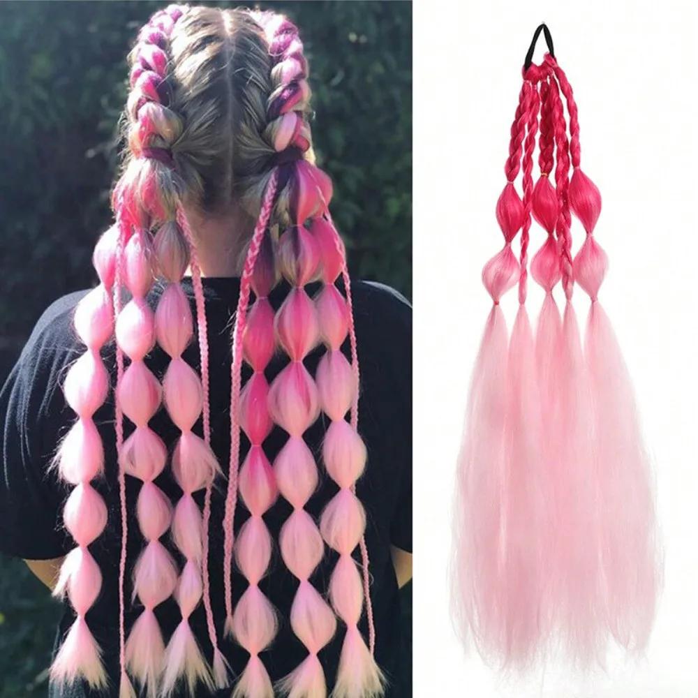 60СМ Цветная Коса-пузырь Синтетический Парик Модный Хип-хоп Цветной Градиент Женский Парик Имитация Натуральных Высокотемпературных Шелковых Волос