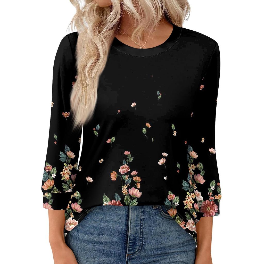 Женская модная повседневная свободная футболка с круглым вырезом и рукавами 3/4 с принтом, женский топ