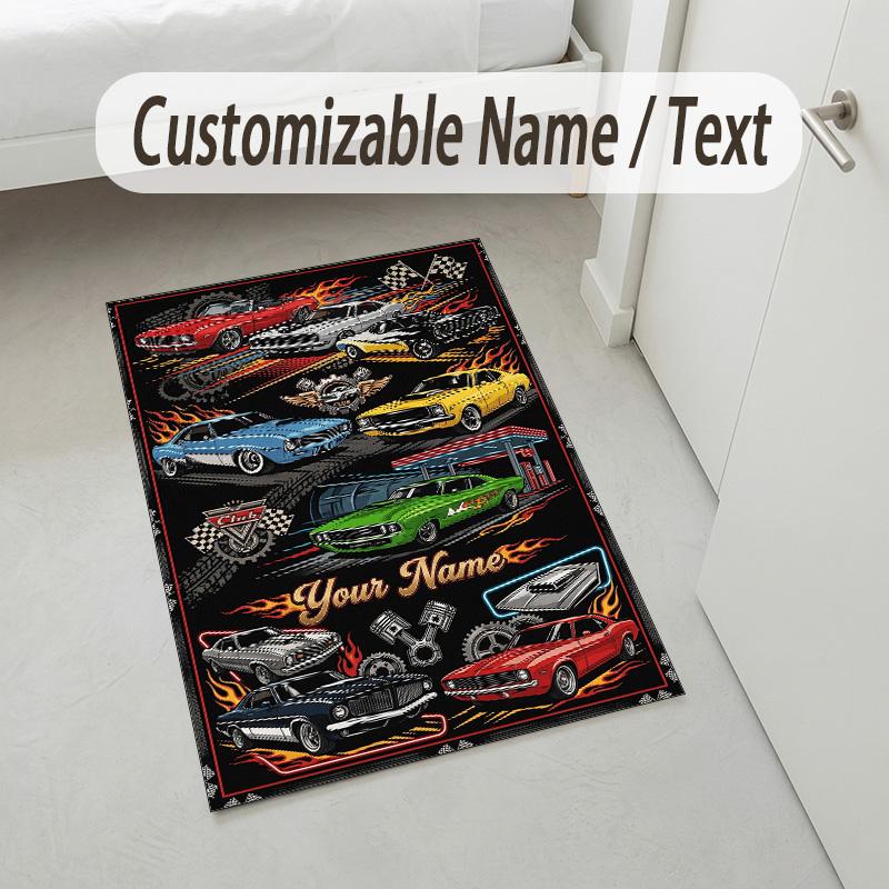 Car Van Theme Crystal Velvet Rug Personalized Custom Name Text Soft Floor Mat Home Decor