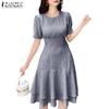 Women Casual Round Neck Plaid Print Summer Short Sleeve Dress