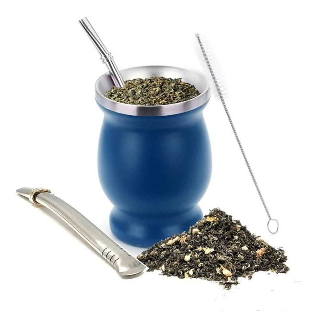 Double Wall Tea Cup Set Stainless Steel Straw Cup Practical Insulated Cup Tea Drinking