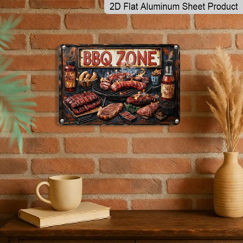 2D Flat, Vintage BBQ Zone Metal Sign - 12"x8" Rustic Aluminum Wall Decor with Grilling Meats & Condiments Design, Perfect for Home, Bar, or