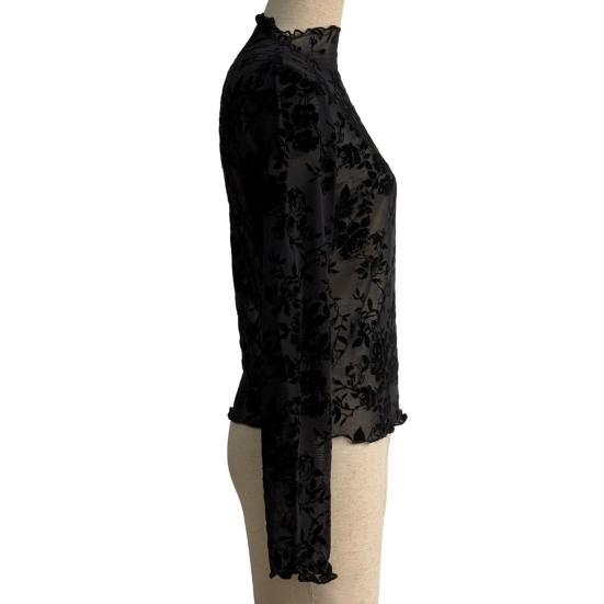 Женский топ с длинным рукавом из сетки с воротником-стойкой, цветочная полупрозрачная рубашка, сексуальная блузка для вечеринки, клуба, ночного выхода