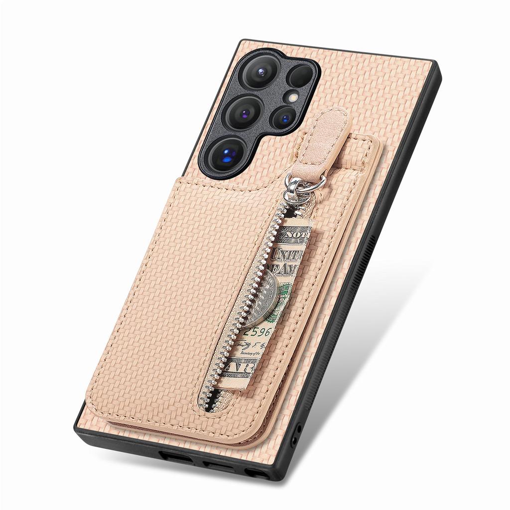 For Samsung Galaxy S25 Ultra Case Leather Phone Back Cover with Zipper Card Holder Kickstand