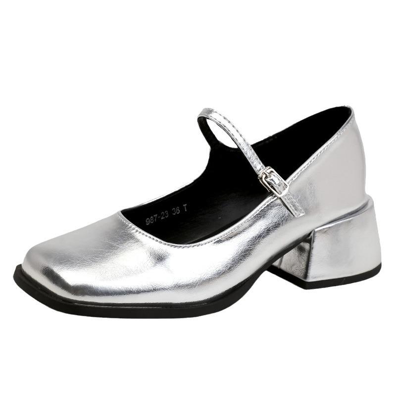 Женские туфли на высоком каблуке, серебристые, на толстом каблуке, новинка весны 2024 года, женские туфли Мэри Джейн с пряжкой из одного слова, французские маленькие кожаные туфли