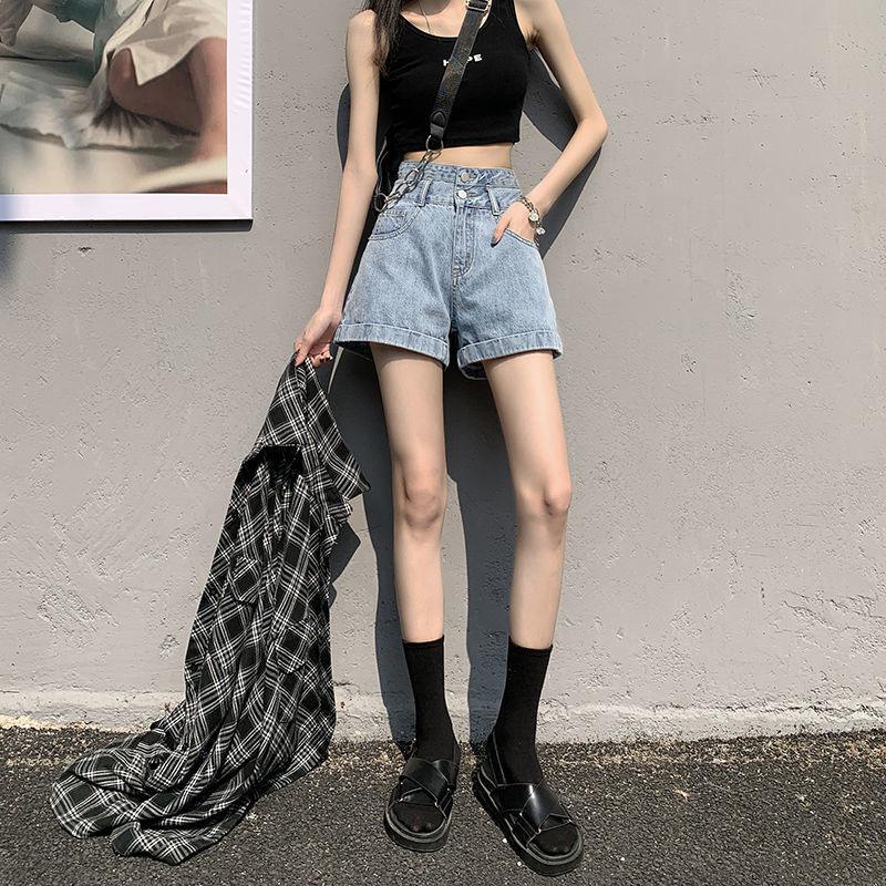 Summer Rolled Denim Shorts Tide Women's High-waisted Loose A Word Super Shorts