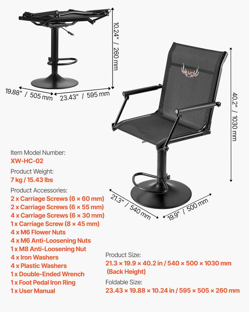VEVOR Hunting Chair, 360 degrees Silent Swivel, Lightweight Blind Chair, Heavy-Duty Steel Frame Ground Stool Seat, with Padded Armrests