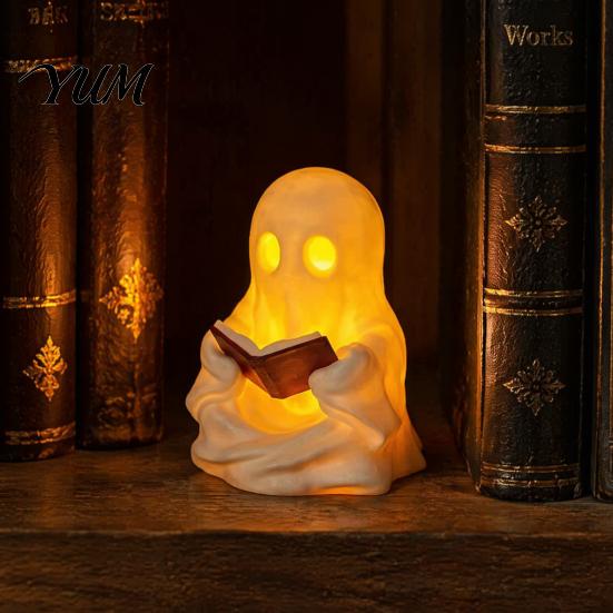 Kawaii Ghost Statue Cute Reading Book Lamp, Lighted Figurine with Warm LED Bedroom Bedside Lamp Light, Halloween Night Light for Mantel Shelf