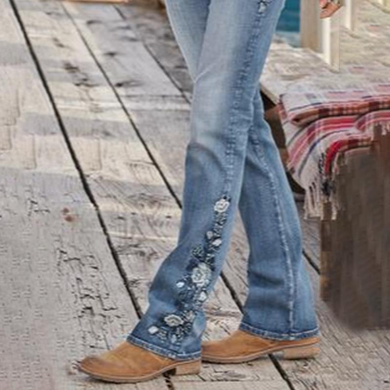 Женские джинсы клеш с высокой талией, винтажные, с вышивкой, bootcut, джинсовые брюки, ретро, повседневные, узкого кроя, длинные брюки