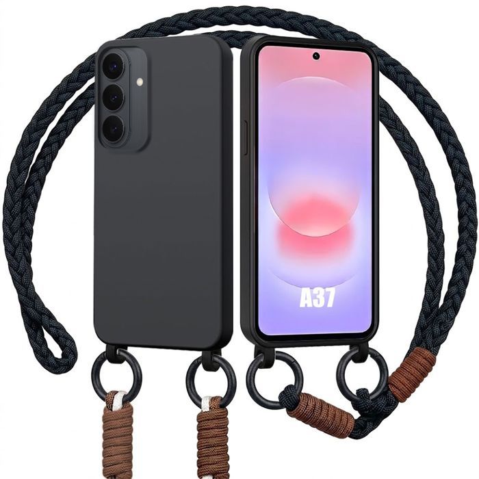 Coque pour Samsung Galaxy A37 5G, Silicone Liquide Souple Antichoc Slim avec Cordon Noir