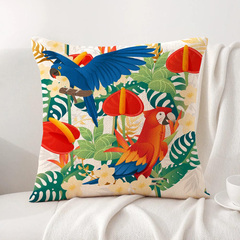 Tropical Parrots Flowers Palm Leaves Cushion Cover Natural Linen Organic Fabric DoubleSided Printing Breathable Perfect Decor