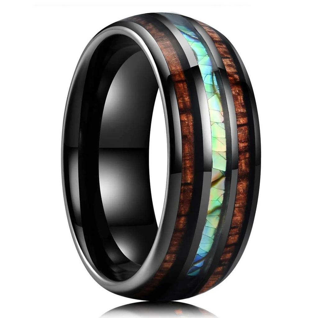 Fashion 8mm Men Black Stainless Steel Rings High Polished Blue Abalone Shell for Men Wedding Party Jewelry Anniversary Gifts