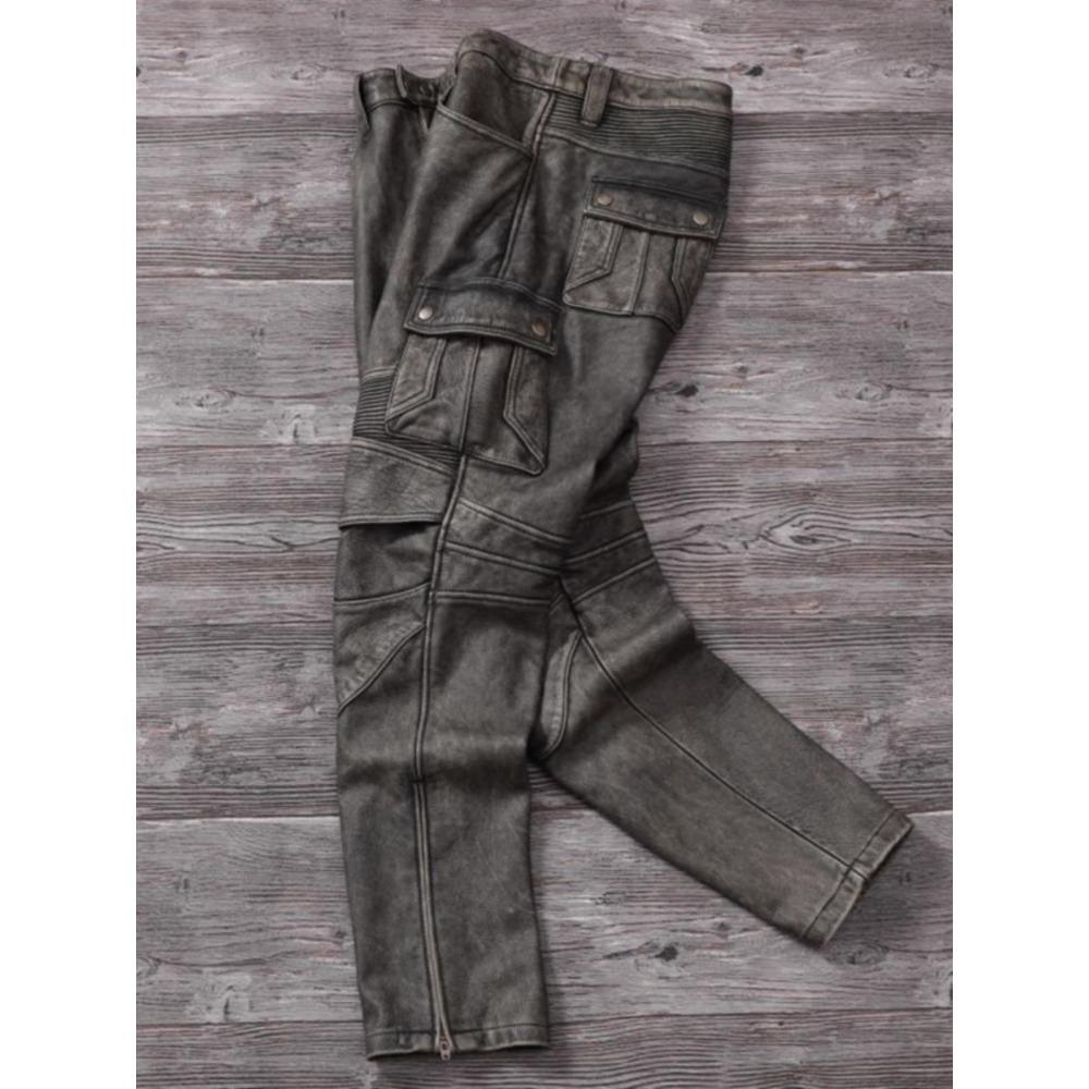 Chinese Size Vintage Gray Genuine Cowhide Leather Pants Men Motorcycle Biker Leather Trousers Autumn Winter Men Leather Pants