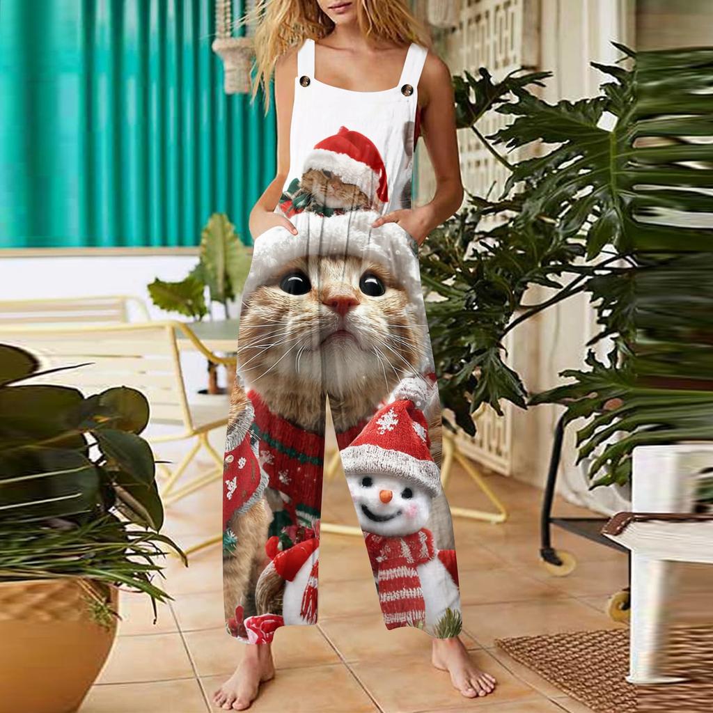 Женский повседневный комбинезон с рождественским принтом, хлопковый комбинезон без рукавов с принтом