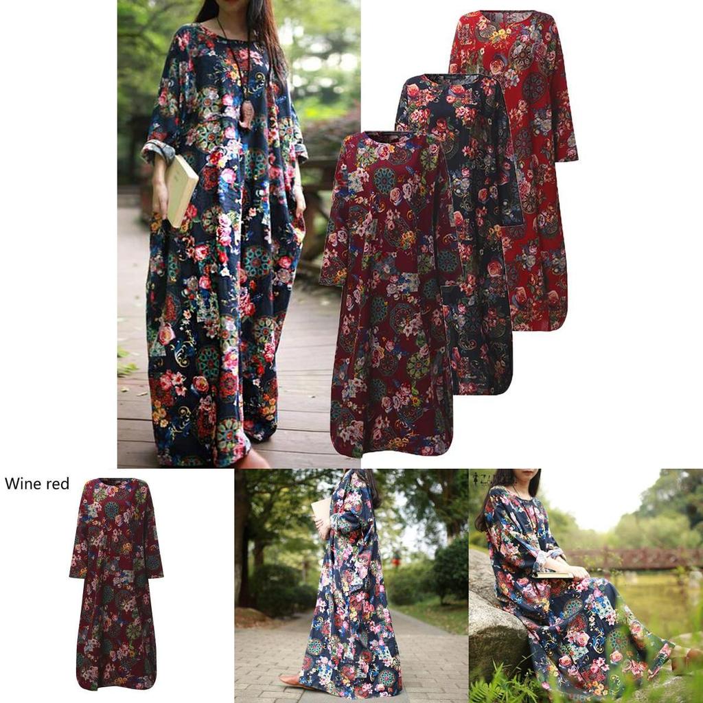 Женское винтажное повседневное платье-кафтан свободного кроя с цветочным принтом, длинное макси-платье-рубашка с вневременным дизайном