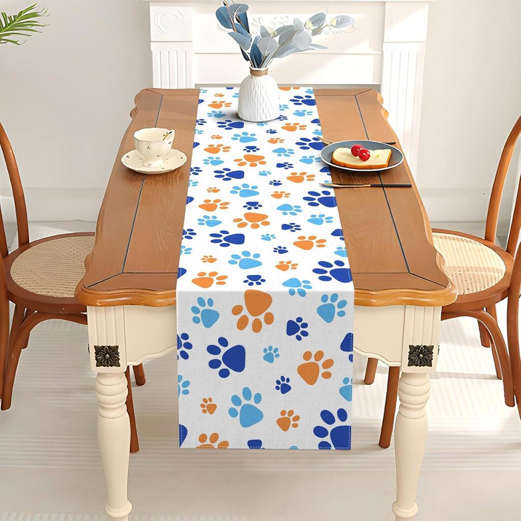 Paw Print Table Runner Dog Themed Birthday Party Decoration Puppy Pet Kitchen Dining Room Home Decor (Blue, 13" x 72")