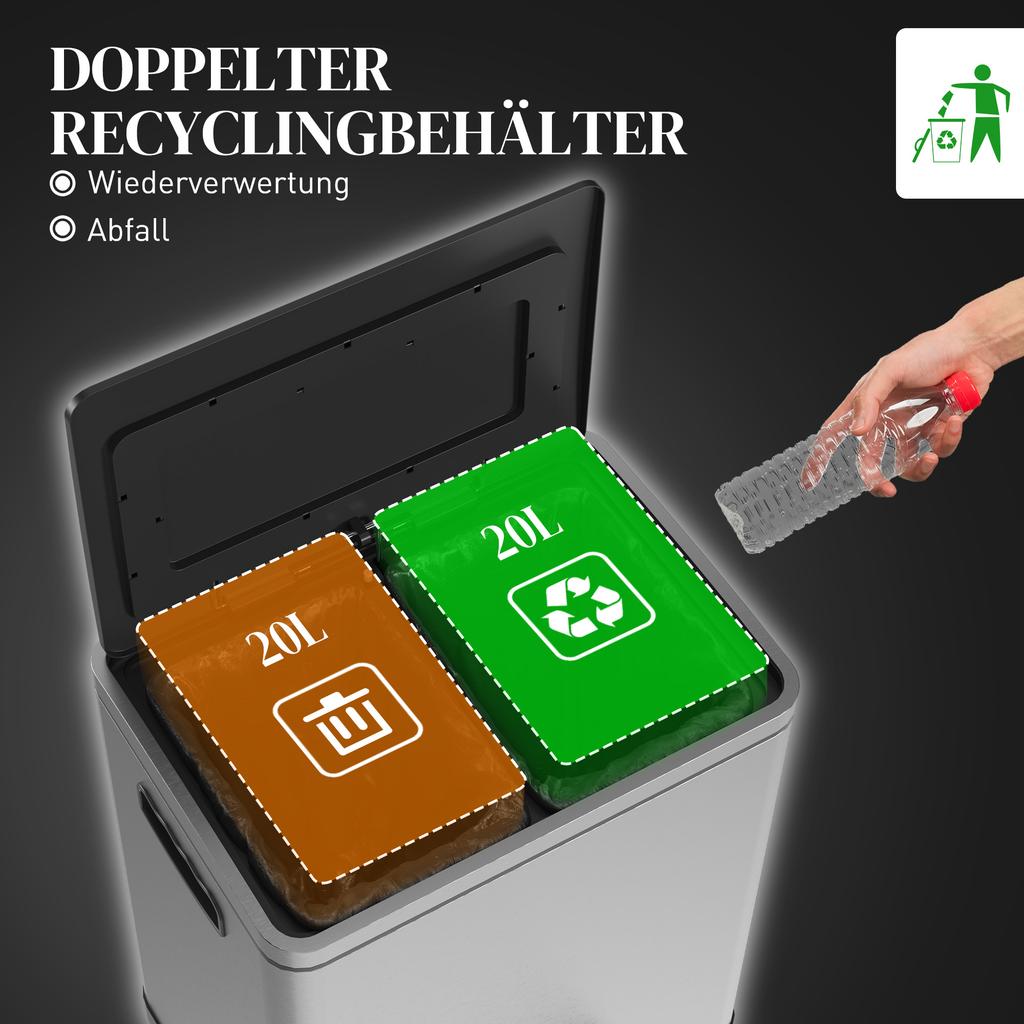 Trash Can, Waste Bin with Lid and Foot Pedal, Stainless Steel, 2x 20 Liter Compartments, Silver