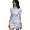 Sexy White Satin Cheongsam Dress Exposed Back Girls Fashion Tight Short Sexy Dress [LanBuff] Women's (M, White)