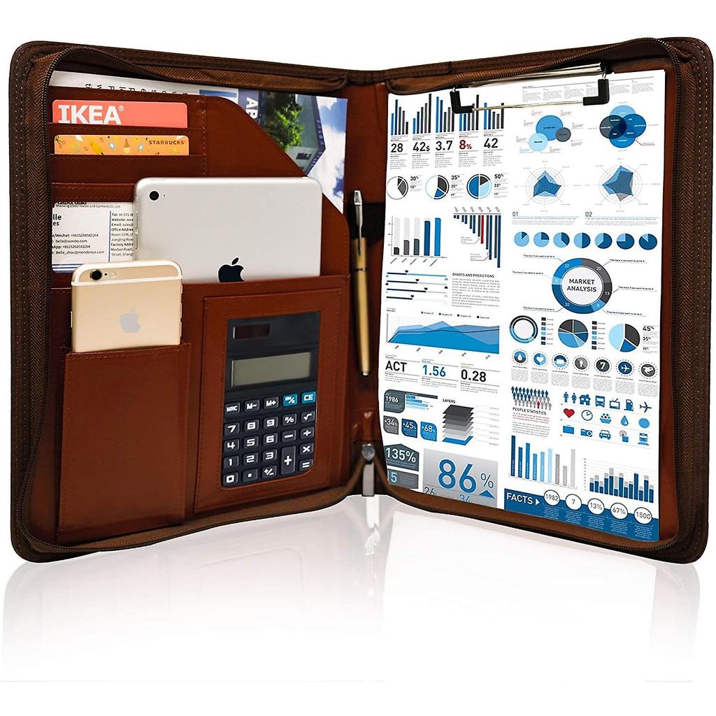 Бизнес-портфель на молнии Padfolio из искусственной кожи Папка для собеседования Резюме Органайзер для юридических документов с коричневым буфером обмена формата А4