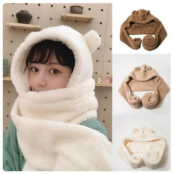 Fashion Winter Women Novelty Beanies Caps Warm Bear Ear Hat Casual Plush Hat Scarf Set Casual Solid Women Caps Present