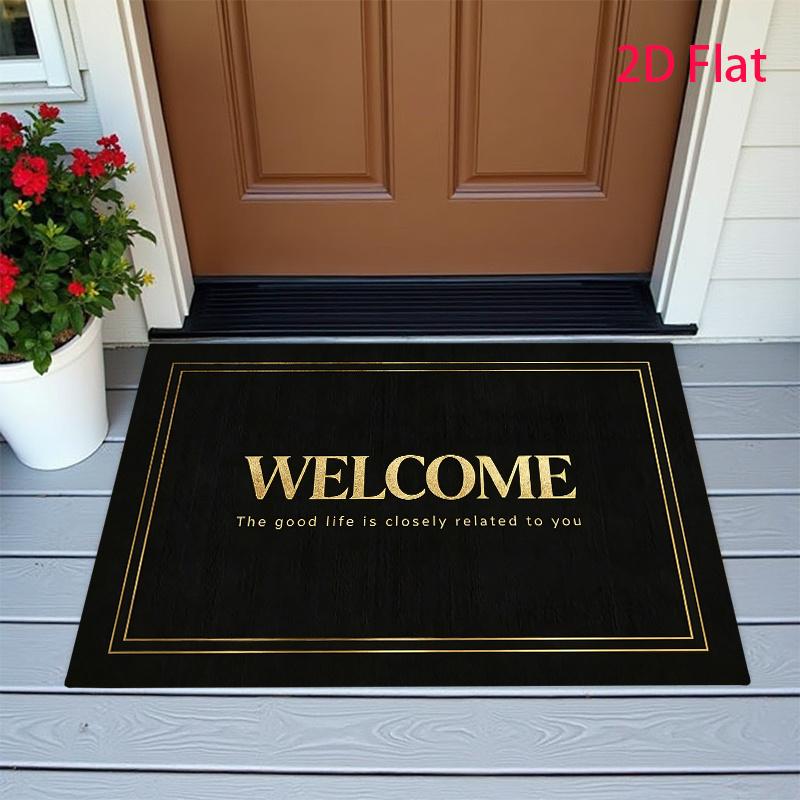 1pc Flannel Material Door Mat, Black Golden Texture WELCOME Light Luxury Style Pattern, Pointed Plastic Bottom, Machine Washable, Suitable for Indoor