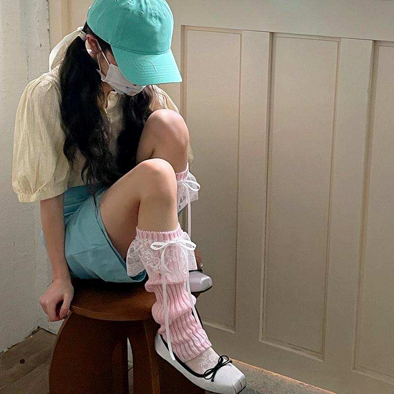 1 Pair Fashion Sweet Chic Comfortable Keep Warm Leg Cover Lace Splicing Bowknot Knitted Y2K