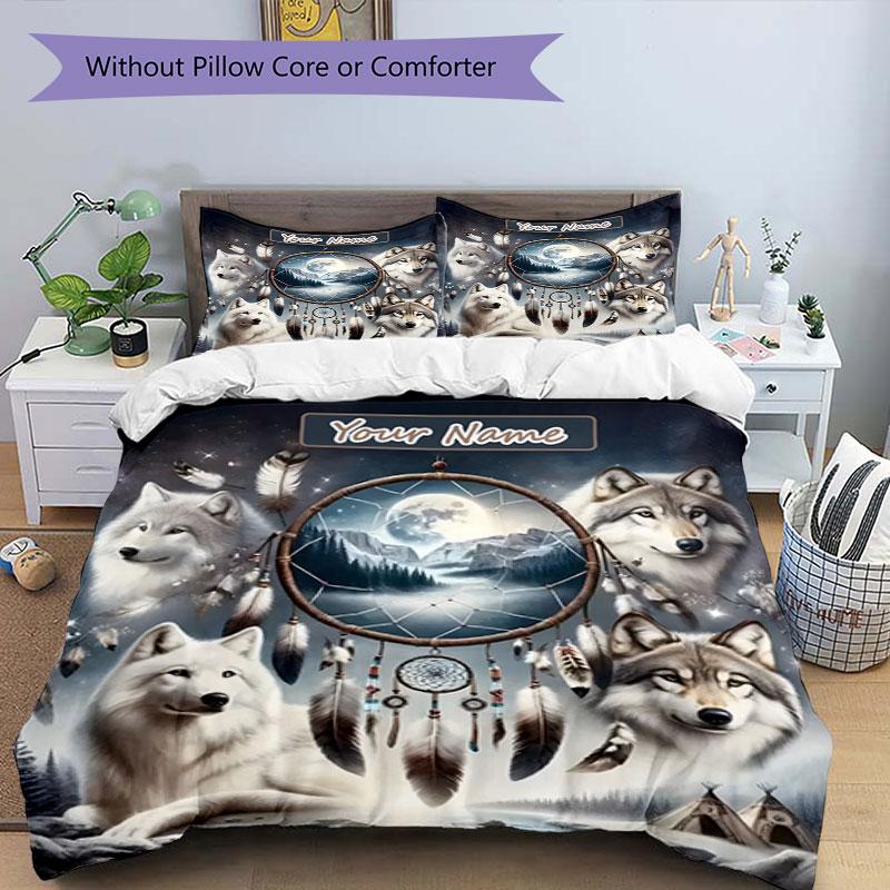 3PC Custom Name Wolf Dreamscape Bedding Set Duvet Cover Closure Includes 1 Duvet Cover & 2 Pillowcases for Bedroom