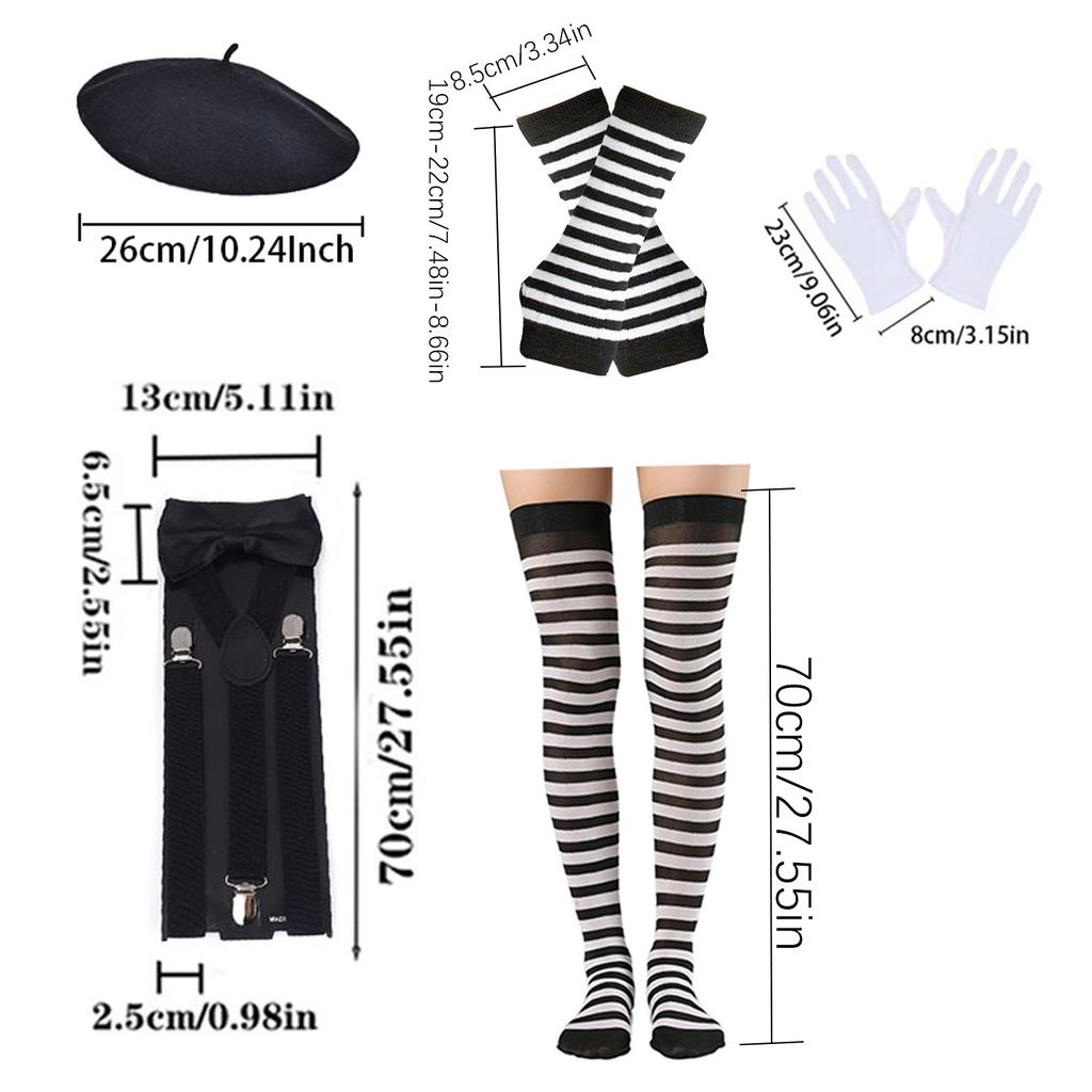 PESENAR Mime Artist Costume Accessories 6 Pcs with Beret Suspender Socks Gloves Face Paint for Halloween Dress up Costume