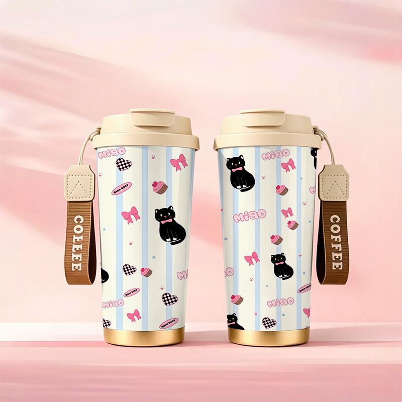 532ml Coffee Mug Black Cat Bow Cake Element Lanyard Insulated Cup Leakproof Coffee Cup Beach Cup Lightweight Cup Hot Cold Cup