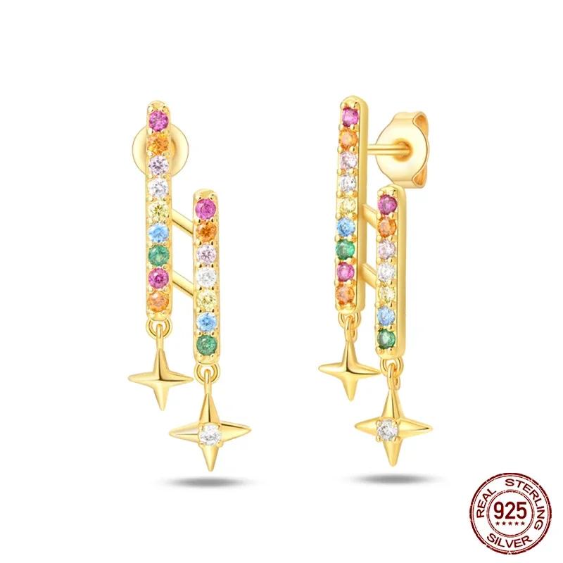 925 Silver Gold Star Moon Bee Pendant Golden Earrings for Women Sparkling Zircon Luxury Wedding Engagement Jewelry Gift