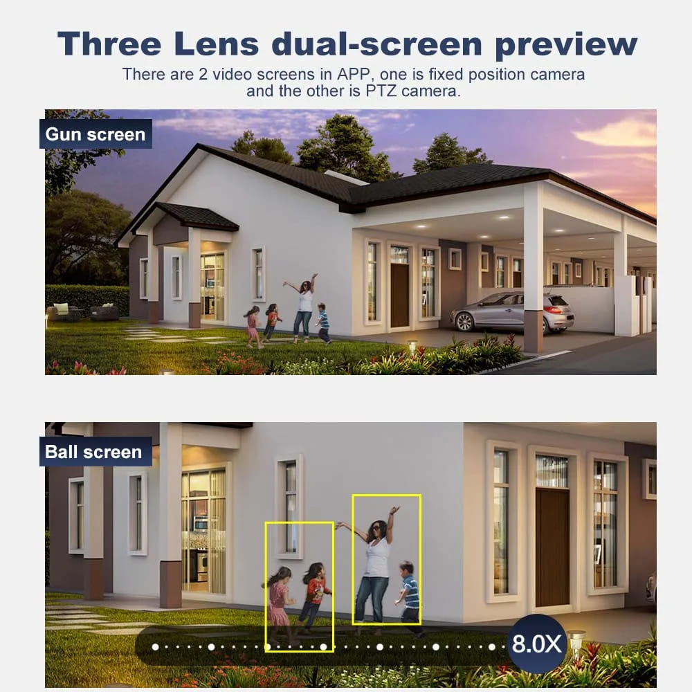 12-мегапиксельная 6K HD внешняя WiFi IP-камера для улицы с 8-кратным зумом, тремя объективами, двумя экранами, функцией автоматического слежения, защитой, видеонаблюдением, приложением iCSee