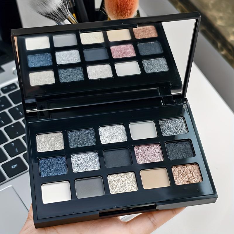 Палетка теней для век 15 цветов Матовый и шиммерный финиш, Смоки панк макияж с блестящими акцентами, Смешанные оттенки для повседневного и особого случая