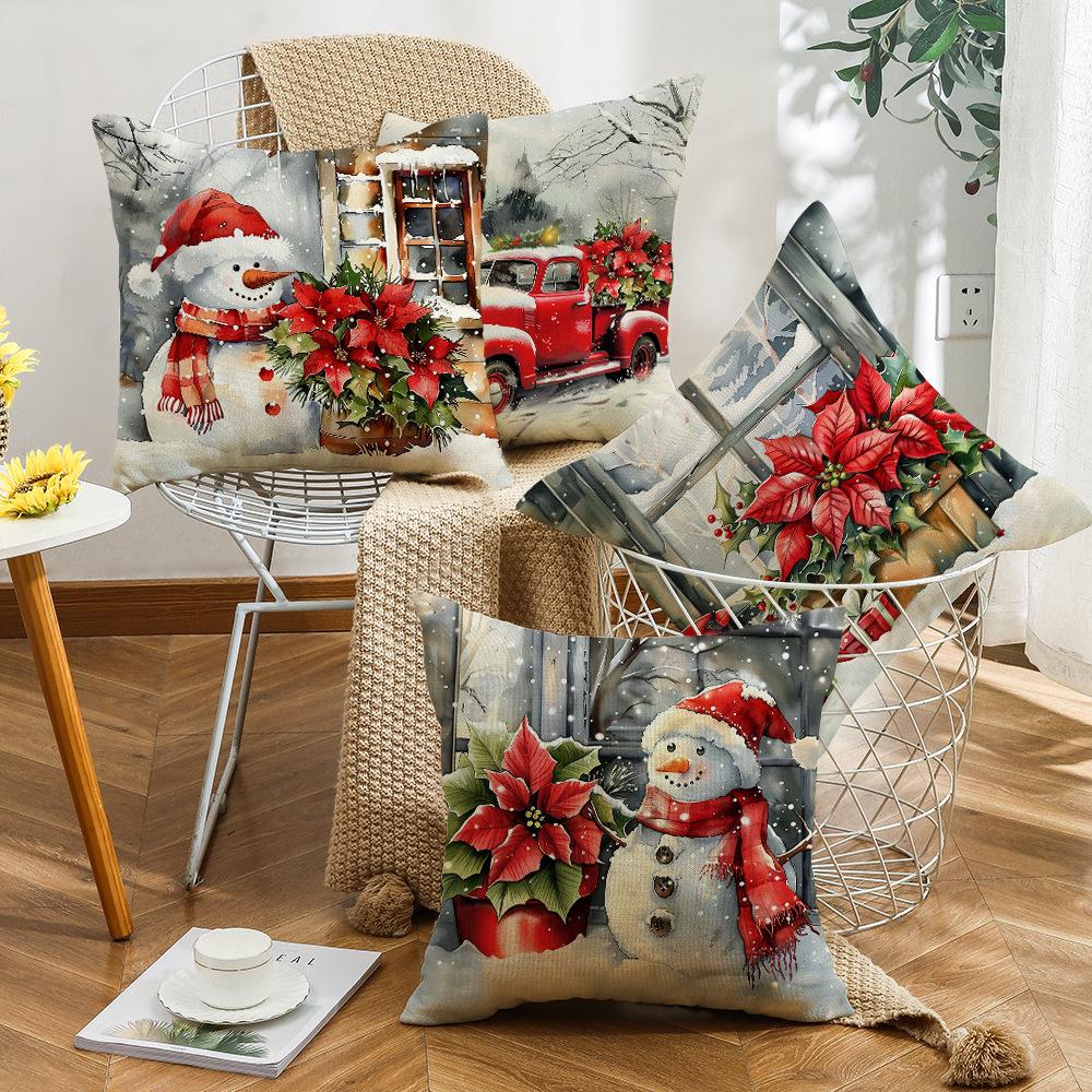 Santa Claus Red Truck Little Snowman Elements Atmosphere Christmas Pillow Cover Home Decoration Sofa Cushion