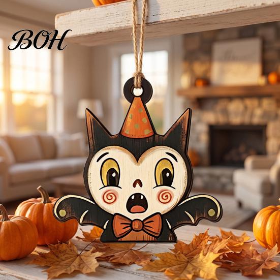 Spooky Fireplace Window Tree Ornaments Vintage Halloween Ornament for Tree, Rustic Acrylic Hanging Pumpkin Black Cat Bat Classic Elements Collection