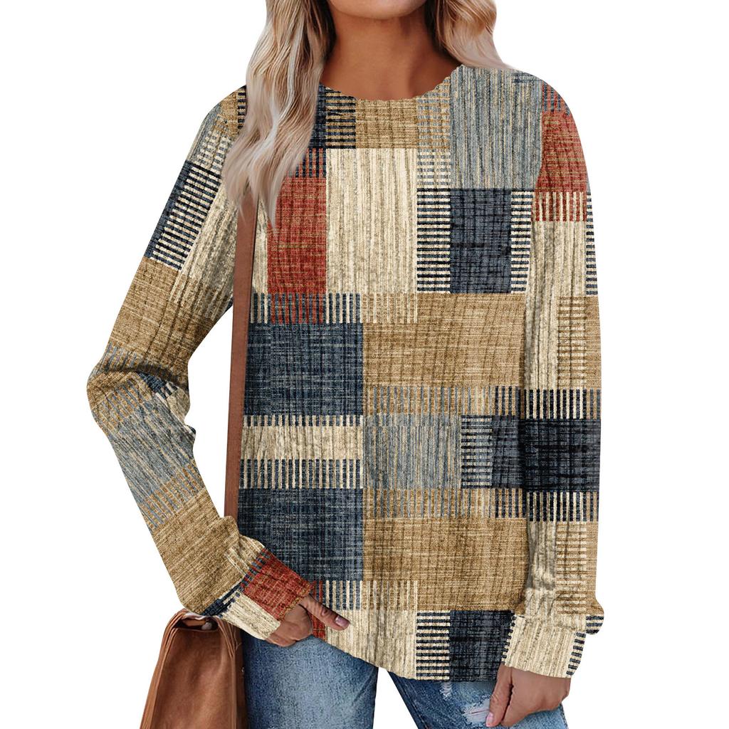 Women's Winter Color-Block Printed Lightweight Brushed-Cotton Round Neck Top