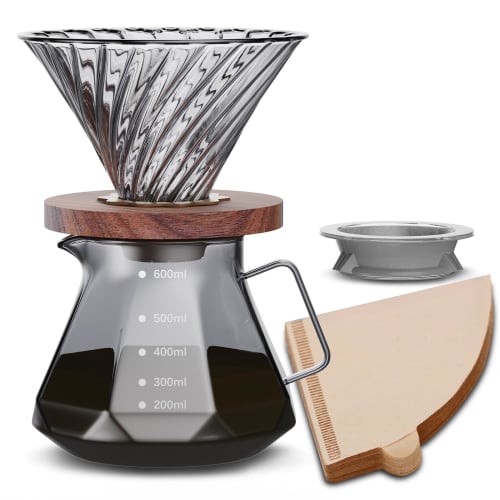 ESTVLB Coffee Server, Heat-Resistant Glass with Wooden Holder, 600ml Capacity with Graduations, Serves 2-4 People, Coffee Drip Equipment, Coffee Drip