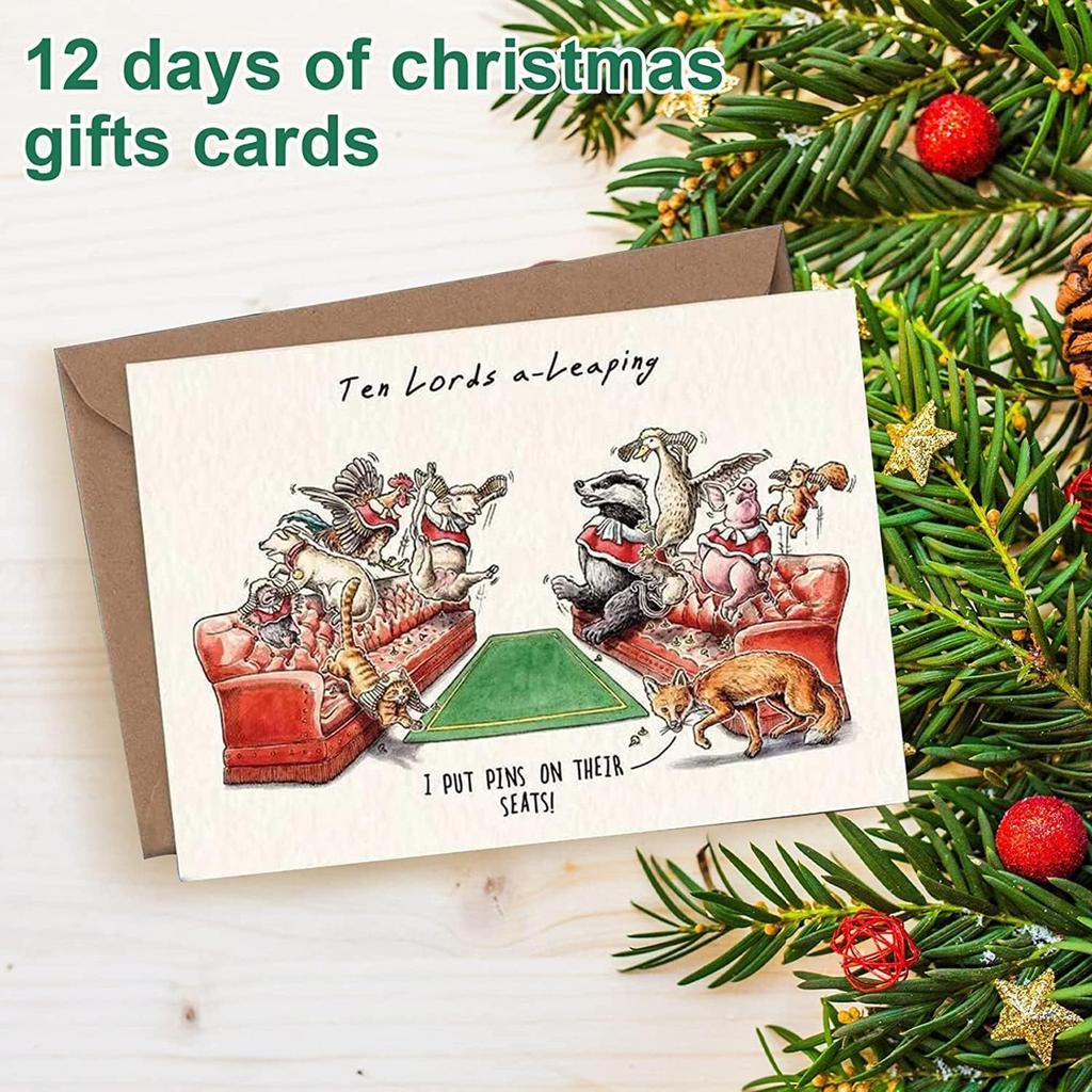 Twelve Days Of Christmas Card Set,12 Pcs Quirky Funny Christmas Cards Card With Your Custom Message And Envelopes, Christmas Countdown Gift Card Set