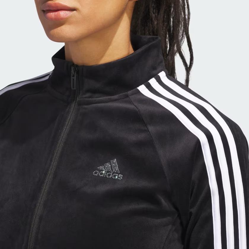 adidas Женская бархатная укороченная спортивная куртка с воротником-стойкой и 3 полосками Черная JI6969