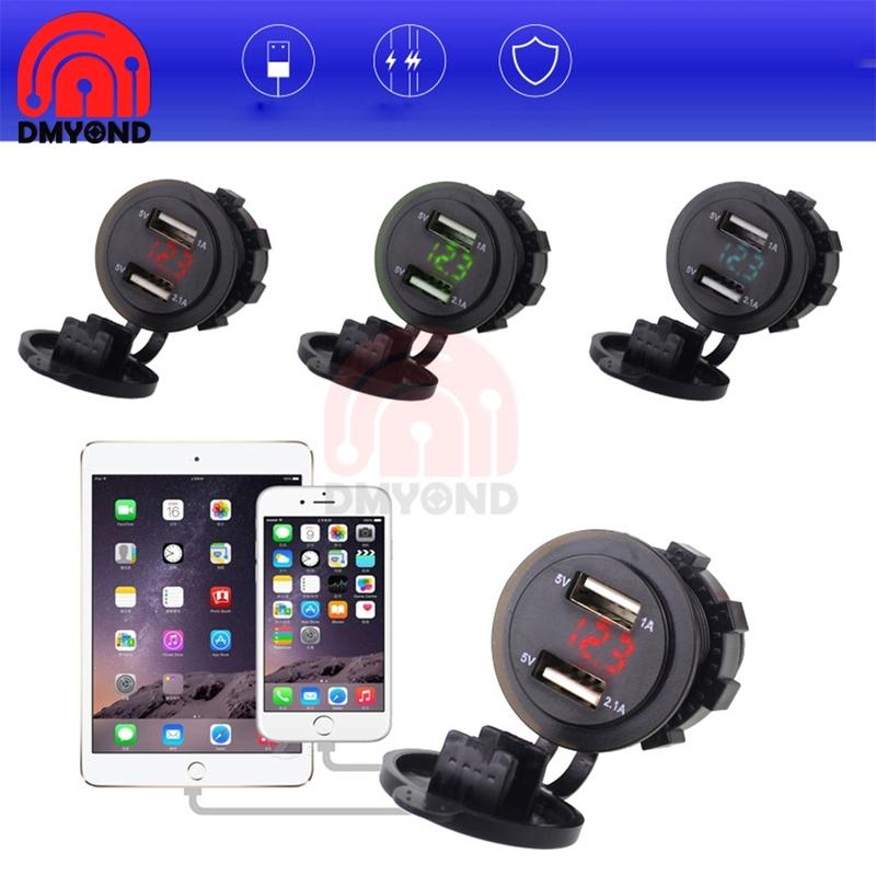 5V 1A 2.1A 12V 2 USB Car Charger Cigarette Lighter Socket Plug LED Voltmeter for Car Fast Chargering Adapter Voltage Monitoring