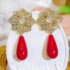 CMM Gorgeous Golden Earrings with Sparkling Cubic Zirconia and Exquisite Red Teardrop Shaped Resin Drops for Elegant Look