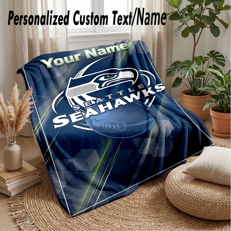 Seattle Seahawks Custom Flannel Throw Blanket Print Your Name Text Soft Warm Blanket Holiday Present