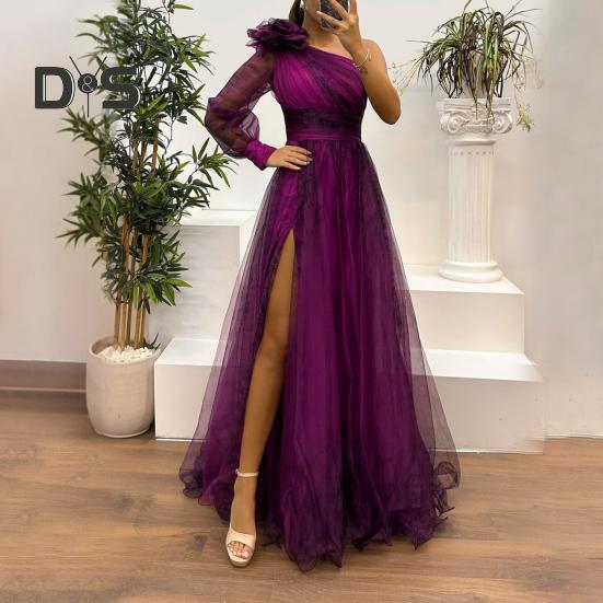 Женское вечернее платье с 3D-цветочным декором на одно плечо, плиссированное, сетчатое, банкетное платье, одно плечо, длинный рукав, тонкая талия, А-силуэт, длина до пола, разрез, подол, шар