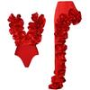 2024 3D Ruffle Rose Red Swimsuit and Sarong Set Vacation Bikinis 2 Piece Swimwear Women Beachwear Bathing Suit