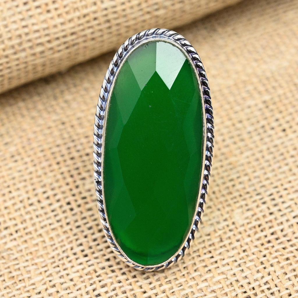 Ювелирные изделия ручной работы с граненым зеленым ониксом, твердое кольцо из стерлингового серебра 925 пробы
